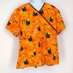 SB Scrubs Halloween Themed Pumpkin Bat Spooky Cobweb Scrub Shirt Top Size 2XL